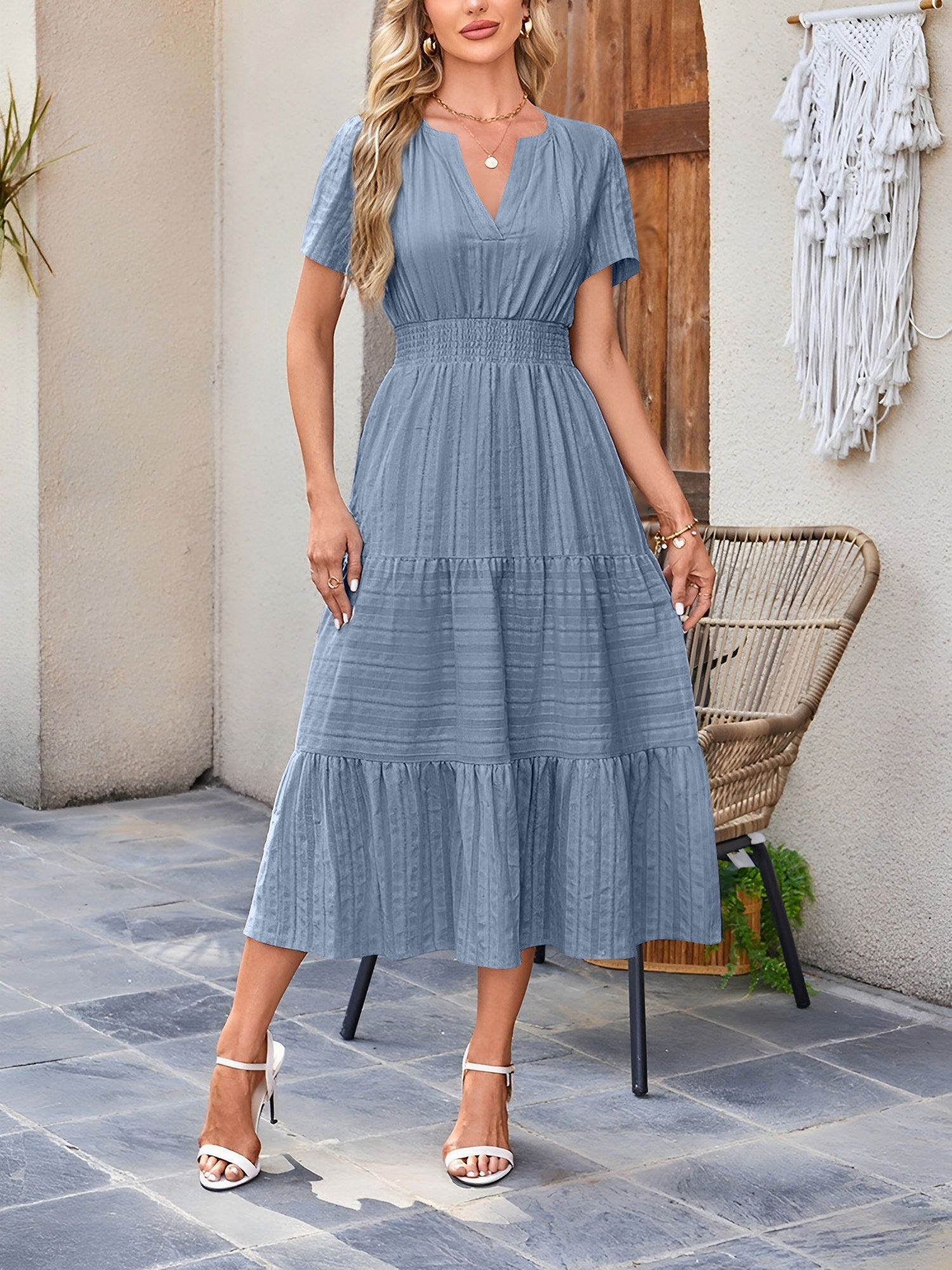 Women’s Casual Midi Dress | Short Sleeve V-Neck