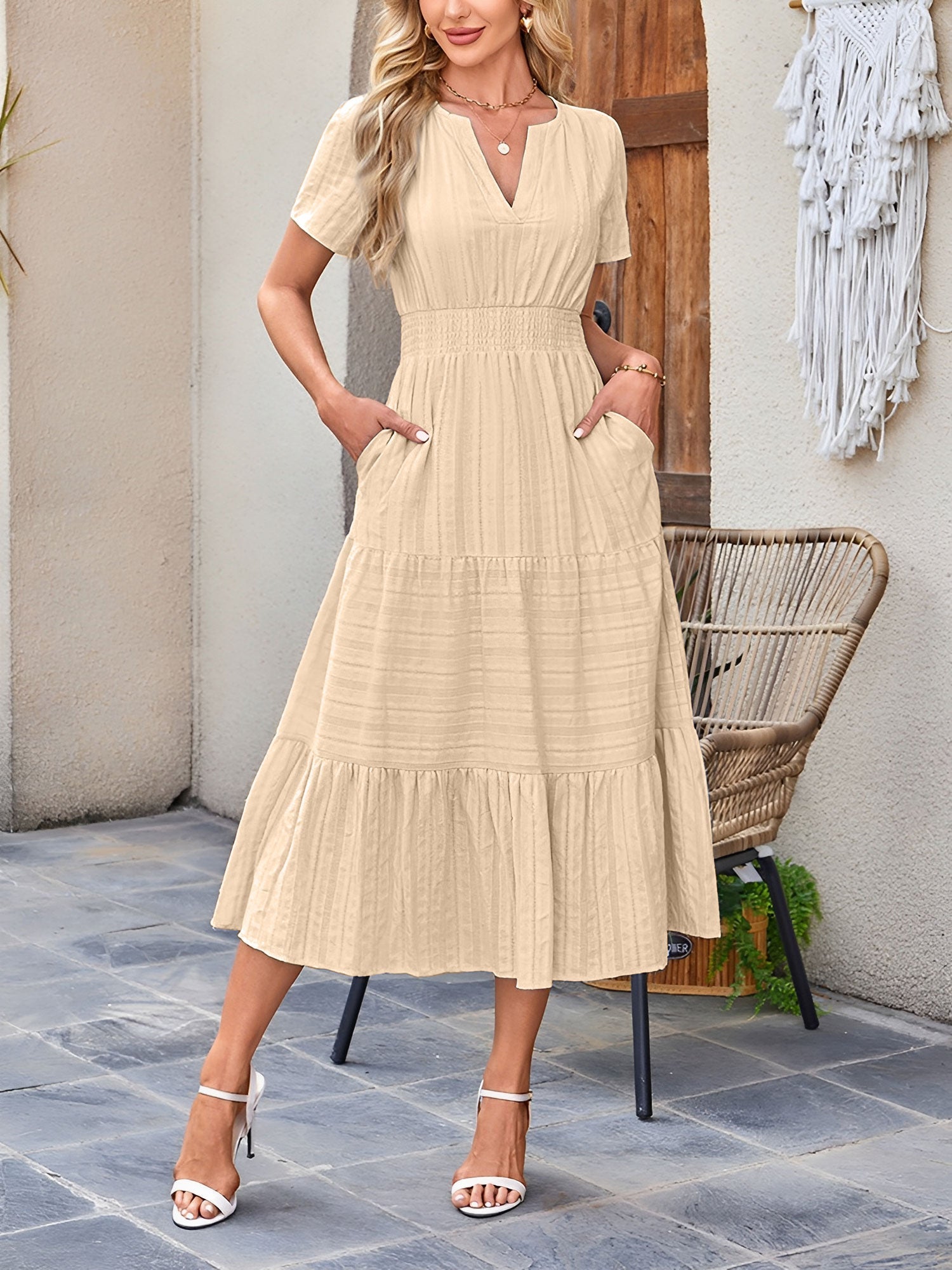 Women’s Casual Midi Dress | Short Sleeve V-Neck