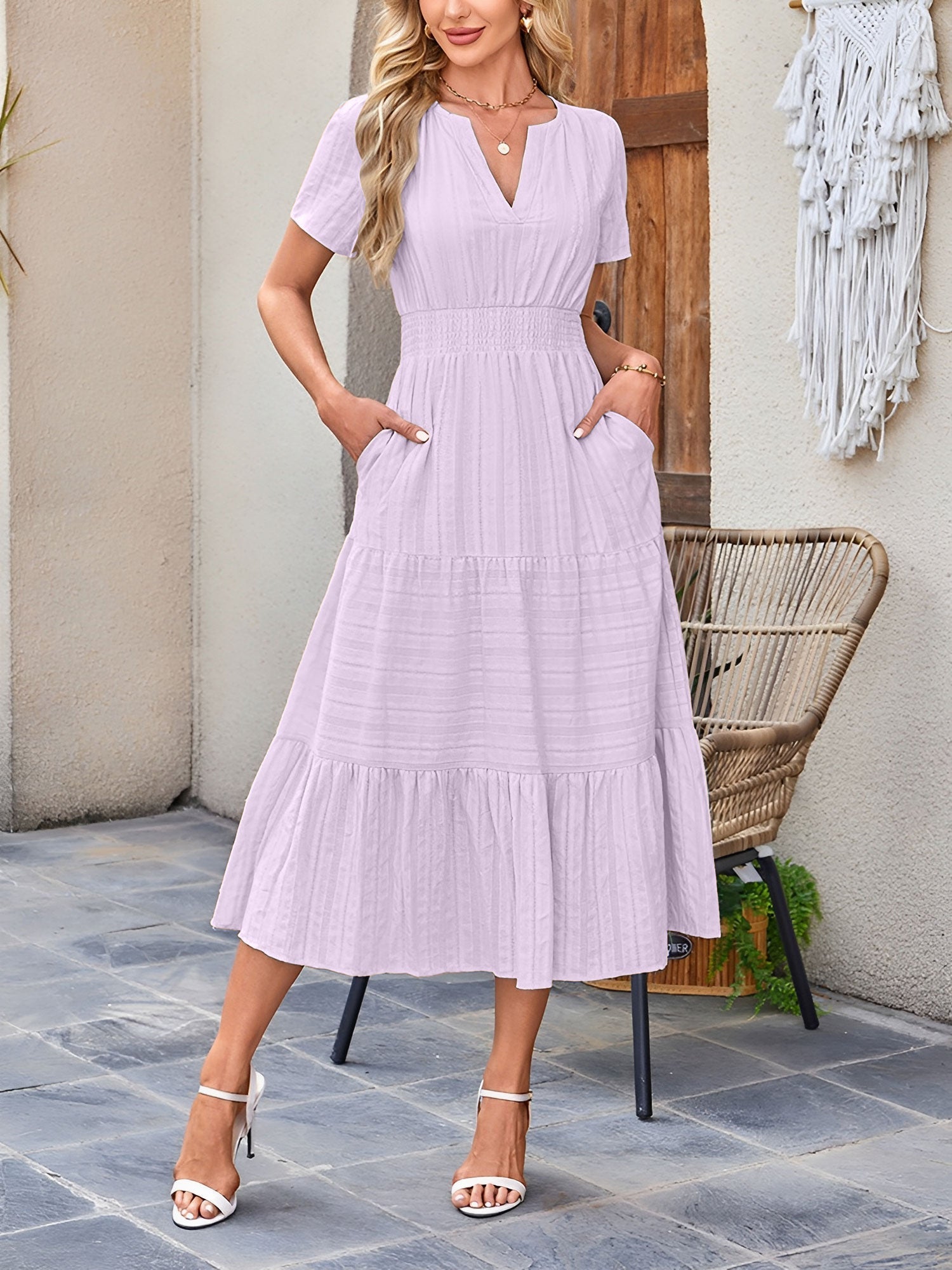 Women’s Casual Midi Dress | Short Sleeve V-Neck